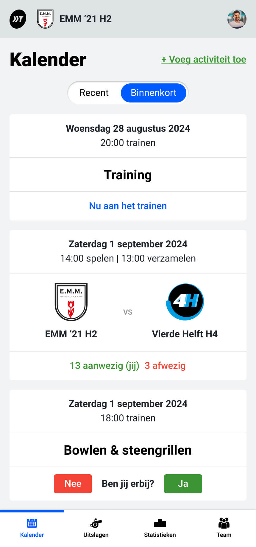 Team kalender met wedstrijden, trainingen en teamuitjes