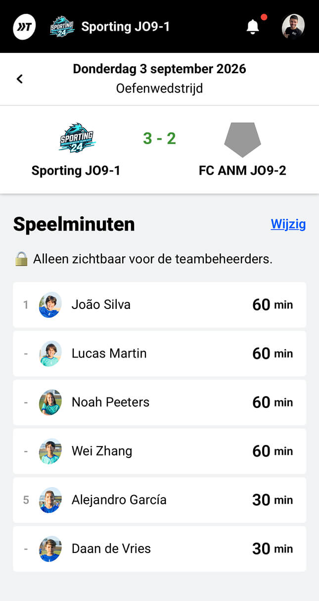 Speelminuten per speler bijhouden