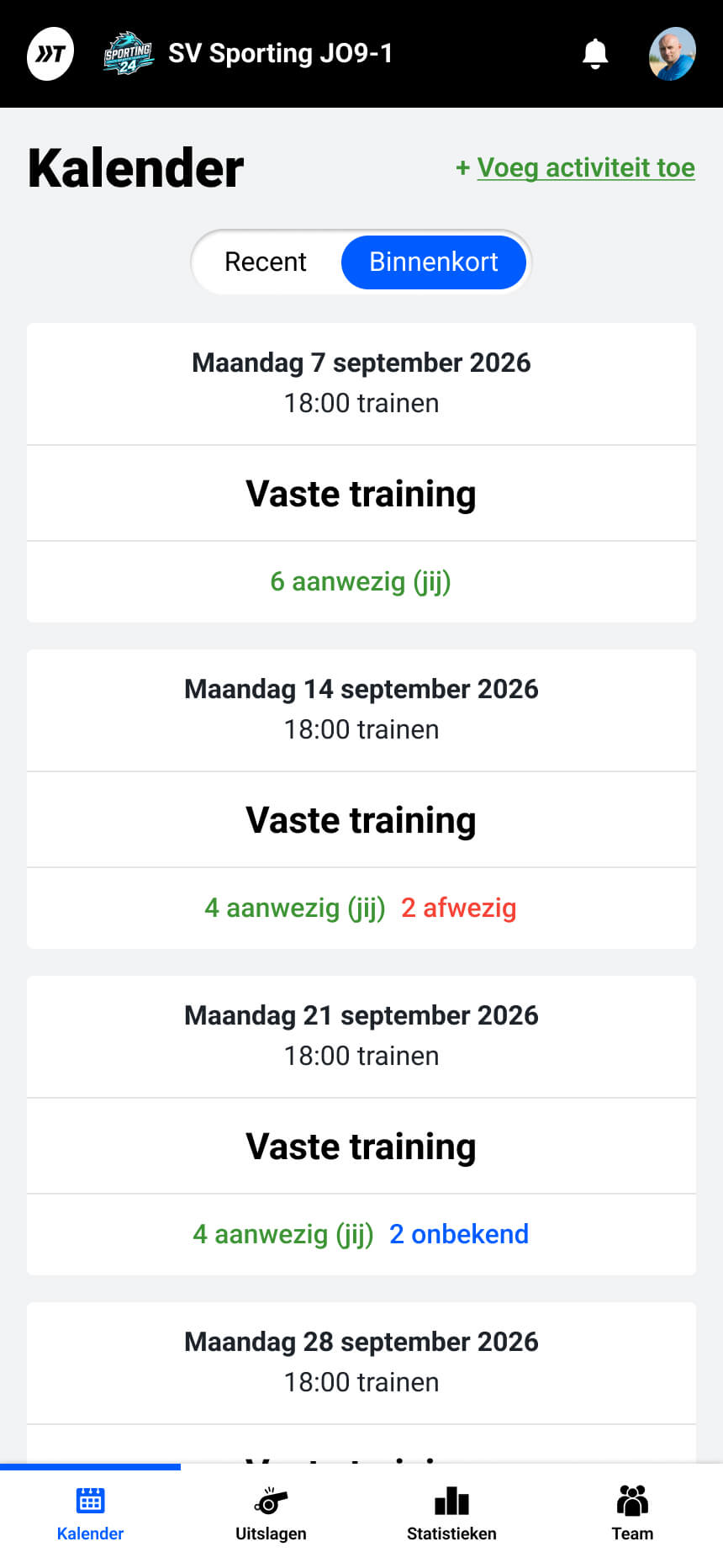Een reeks vaste trainingen in de teamkalender
