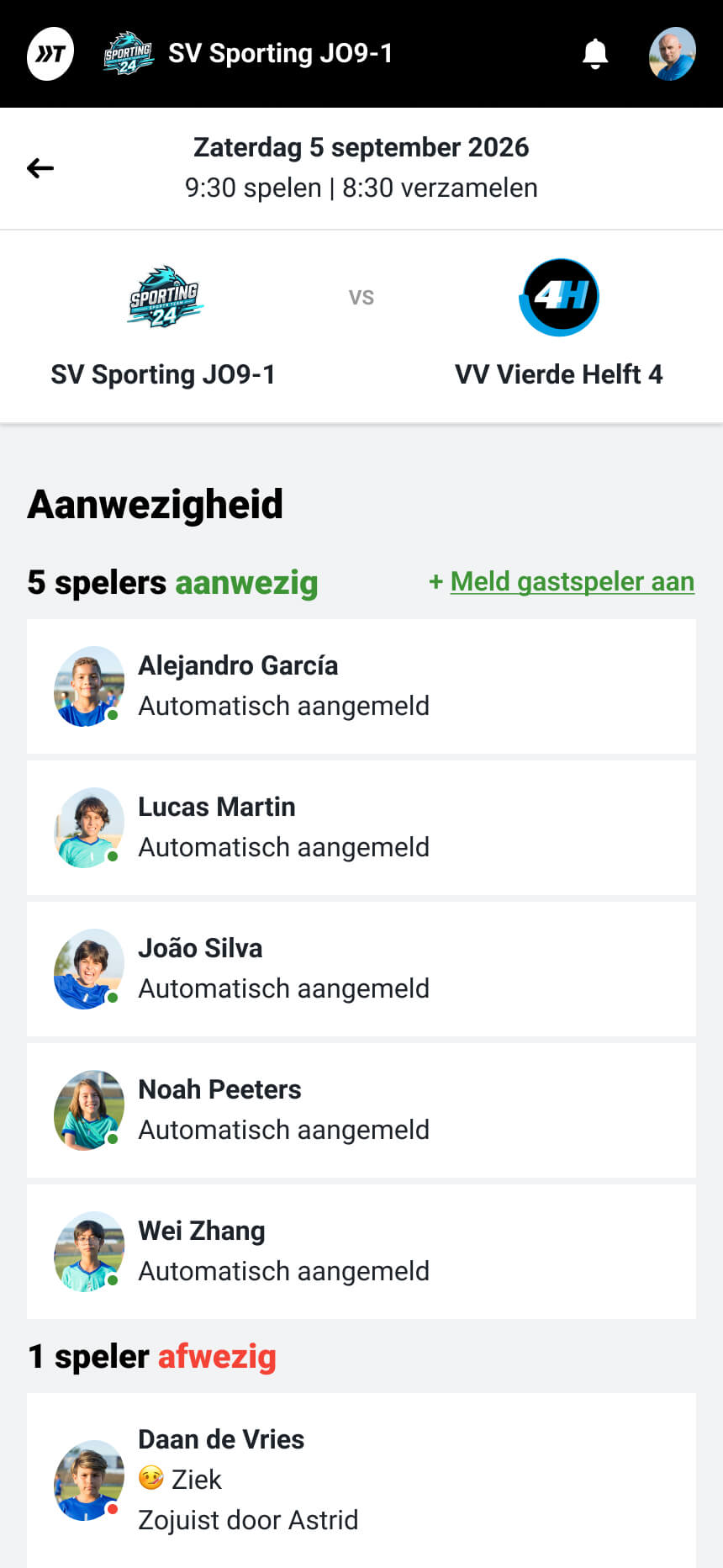 Spelers automatisch aangemeld bij een wedstrijd