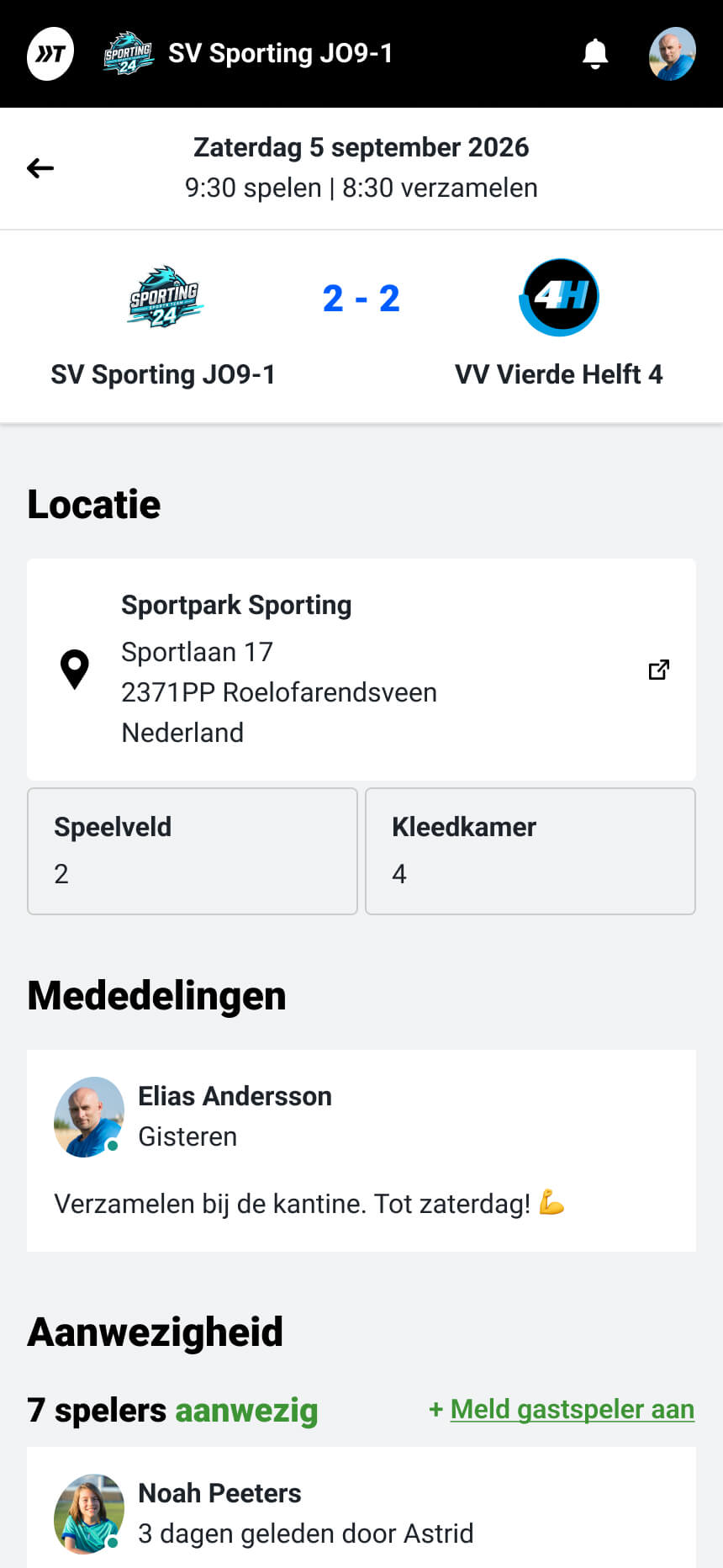 Wedstrijd met locatie, mededelingen en aanwezigheid in teamkalender