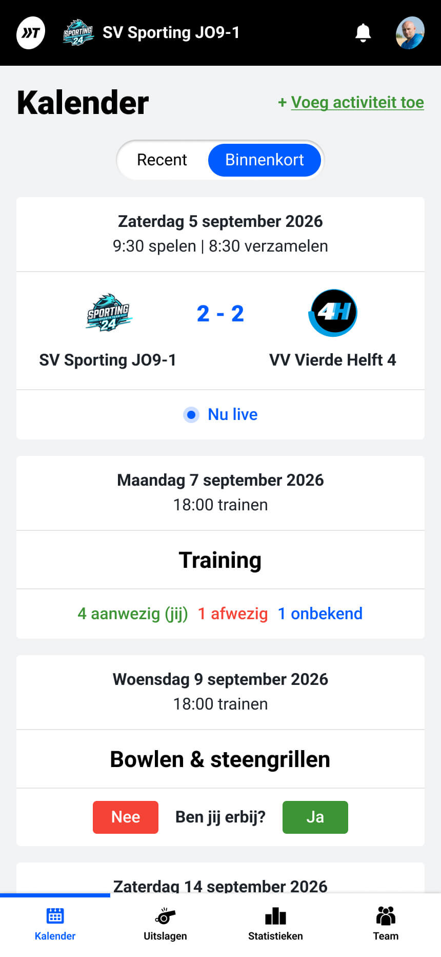 Teamkalender in de voetbalteam app van About Next Match