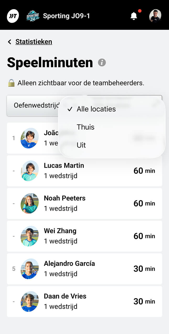 Teamstatistieken filteren op type activiteit, type wedstrijd en locatie (thuis/uit)