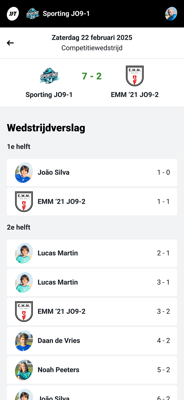 Uitslag van wedstrijd met wedstrijdverslag en doelpunten