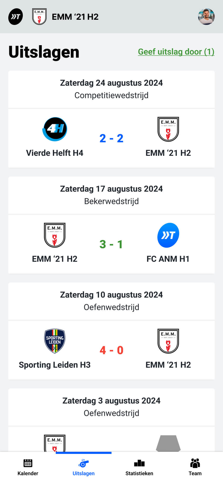 Uitslagen van wedstrijden