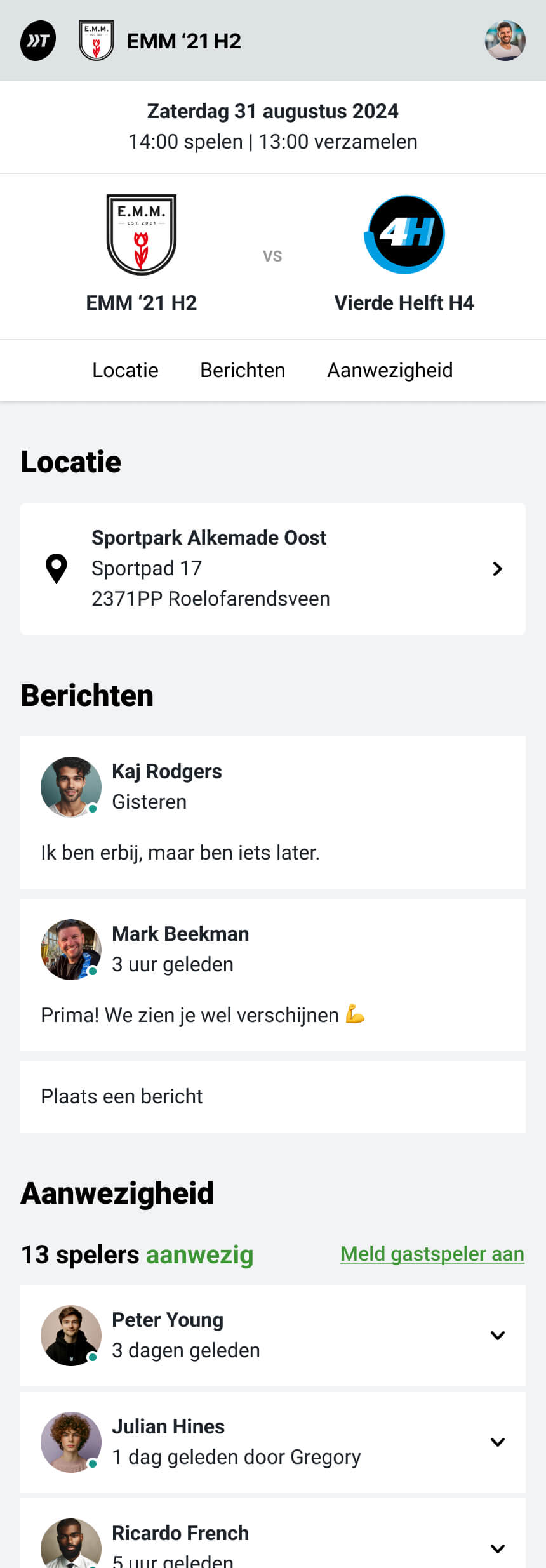 Team kalender wedstrijd met locatie, berichten en aanwezigheid