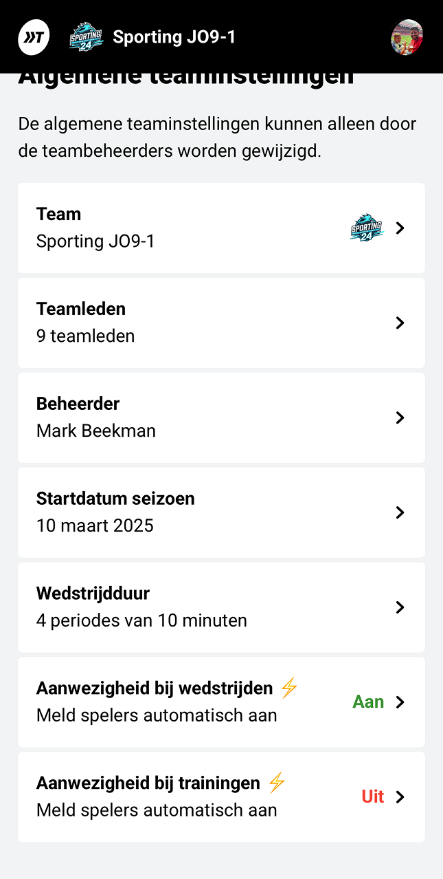 Automatisch aanmelden van spelers voor wedstrijden en/of trainingen in de Teaminstellingen