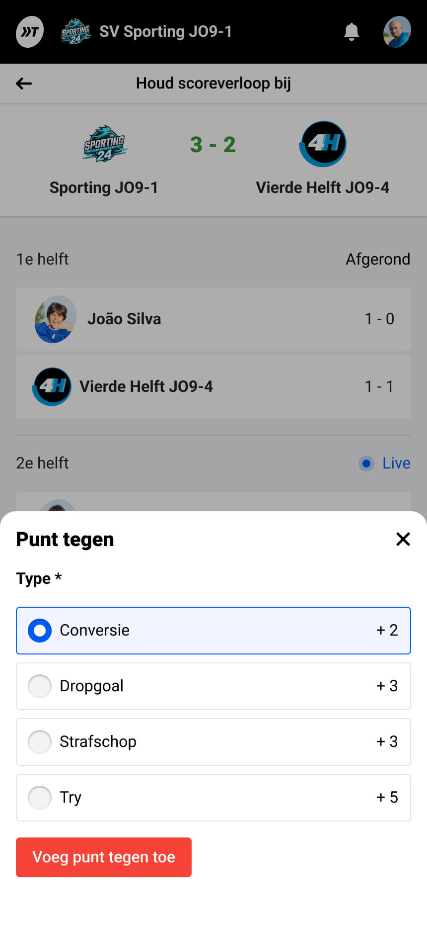 Registreer verschillende soorten scores tijdens een rugbywedstrijd