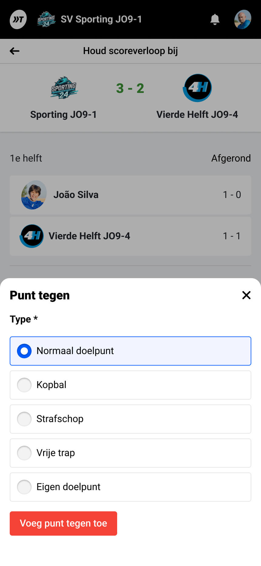 Registreer verschillende soorten scores tijdens een voetbalwedstrijd