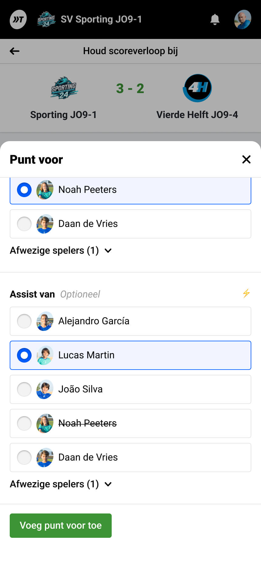 Lijst van spelers die te selecteren zijn bij het registreren van een assist tijdens de wedstrijd
