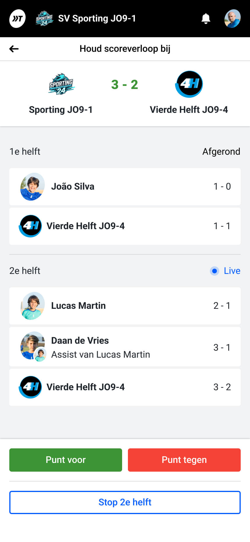 Score bijhouden tijdens de wedstrijd via de app